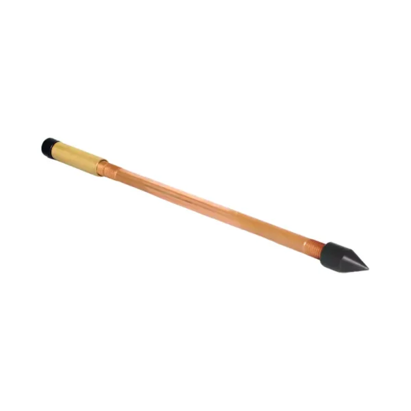 Angled view of an assembled copper-plated ground rod with pointed tip.