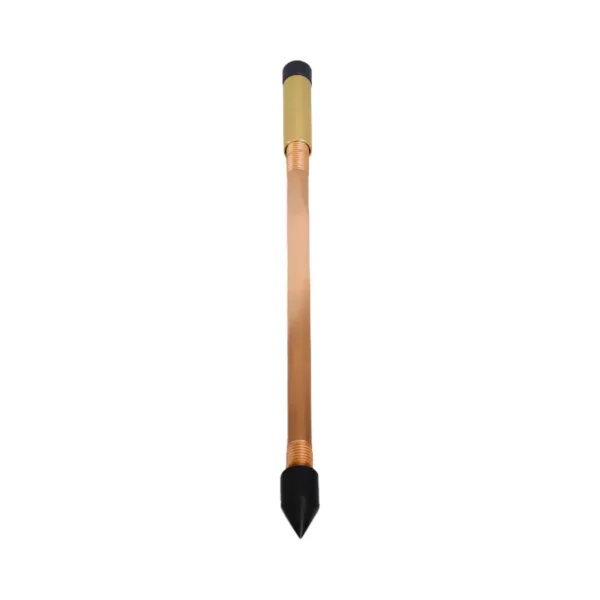 Copper-plated ground rod with pointed tip and threaded top for electrical grounding.
