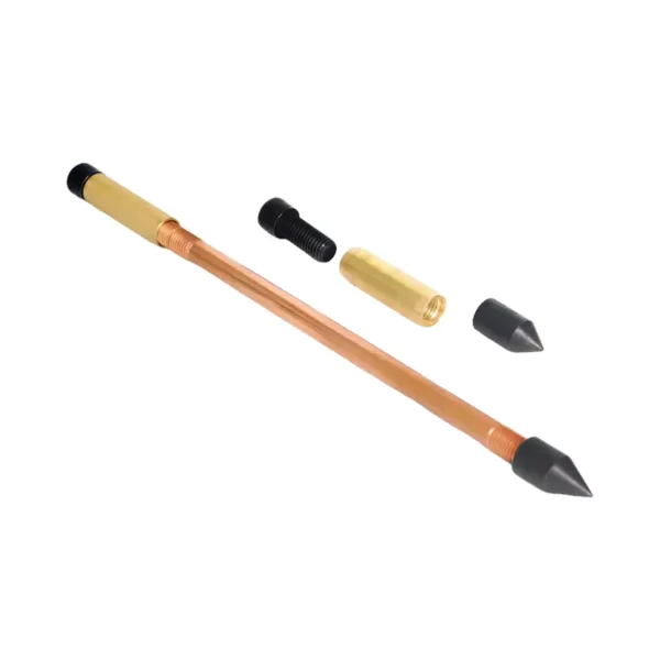 Disassembled copper-plated ground rod components: rod, coupler, driving tip, and bolt.