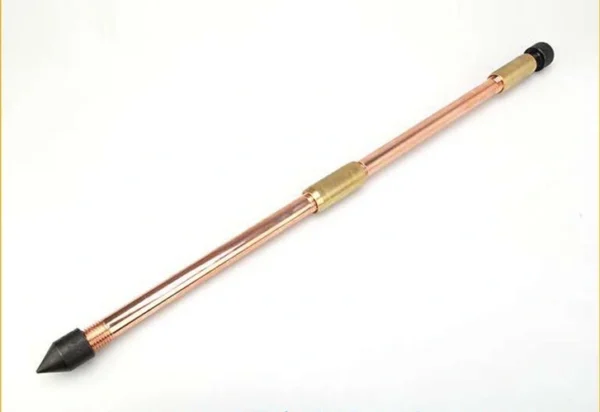 Extended copper-plated ground rod showing a central coupling.