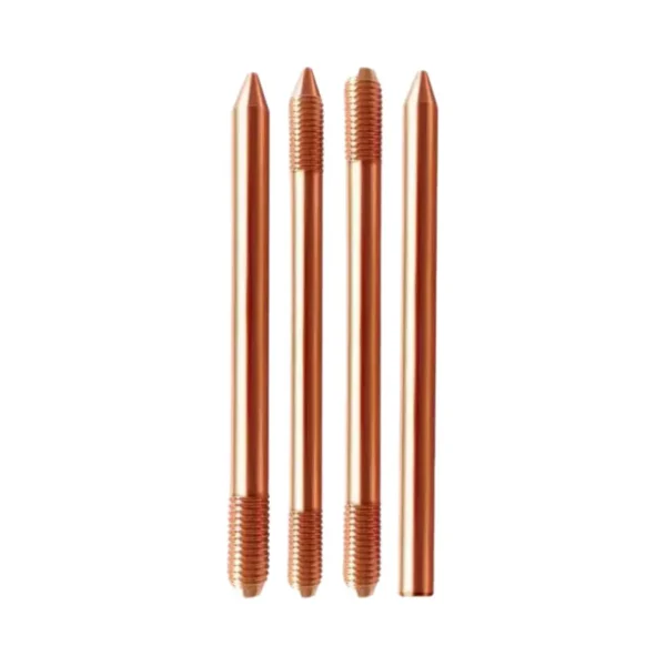 Assortment of copper-plated ground rods: pointed and threaded types.